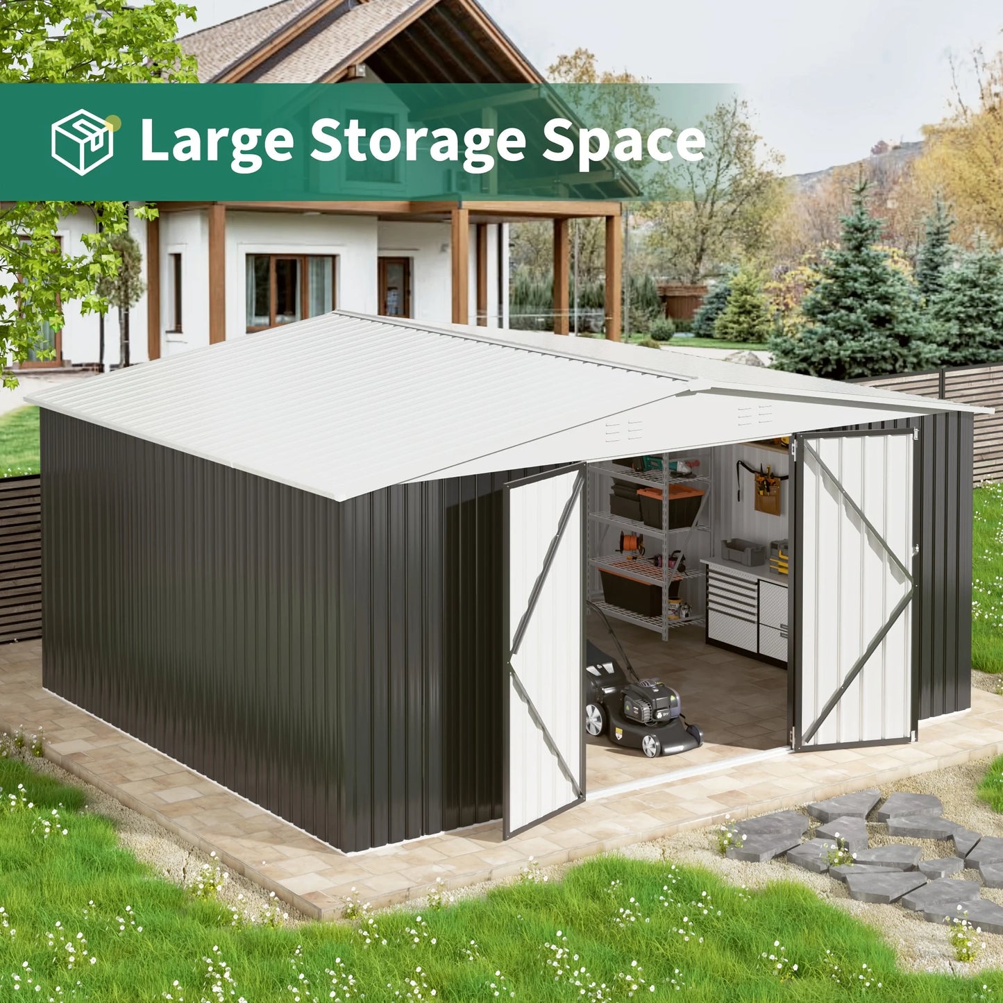 12x14FT Heavy-Duty Galvanized Steel Storage Shed – Lockable Door, White Roof Garden Tool Shed for Backyard & Patio | Easy Assembly