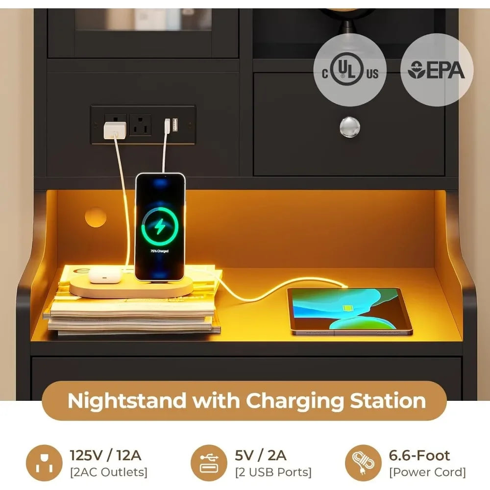LED Nightstand Set of 2 with Charging Station – Black
