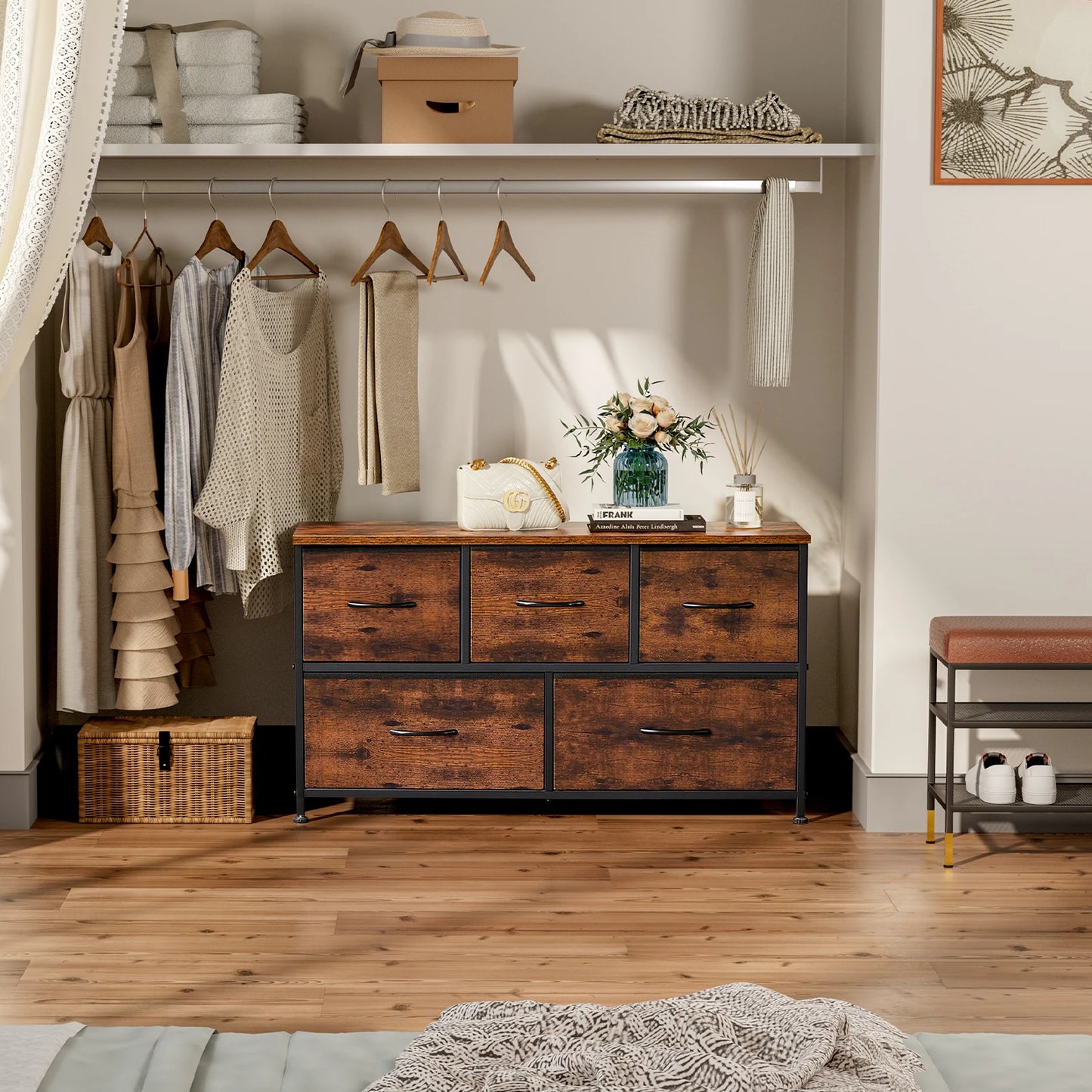 Living Room Display Cabinet – 5 Fabric Drawer Closet for Clothes & Storage Organization
