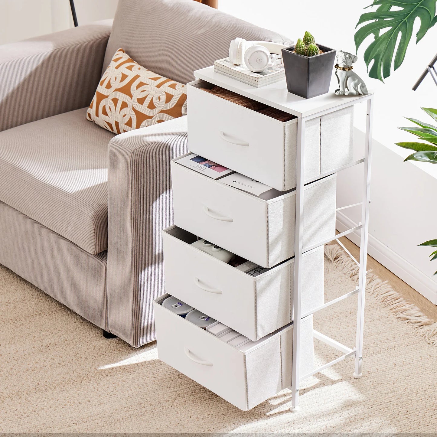 JHK 4-Drawer Fabric Nightstand with Steel Frame