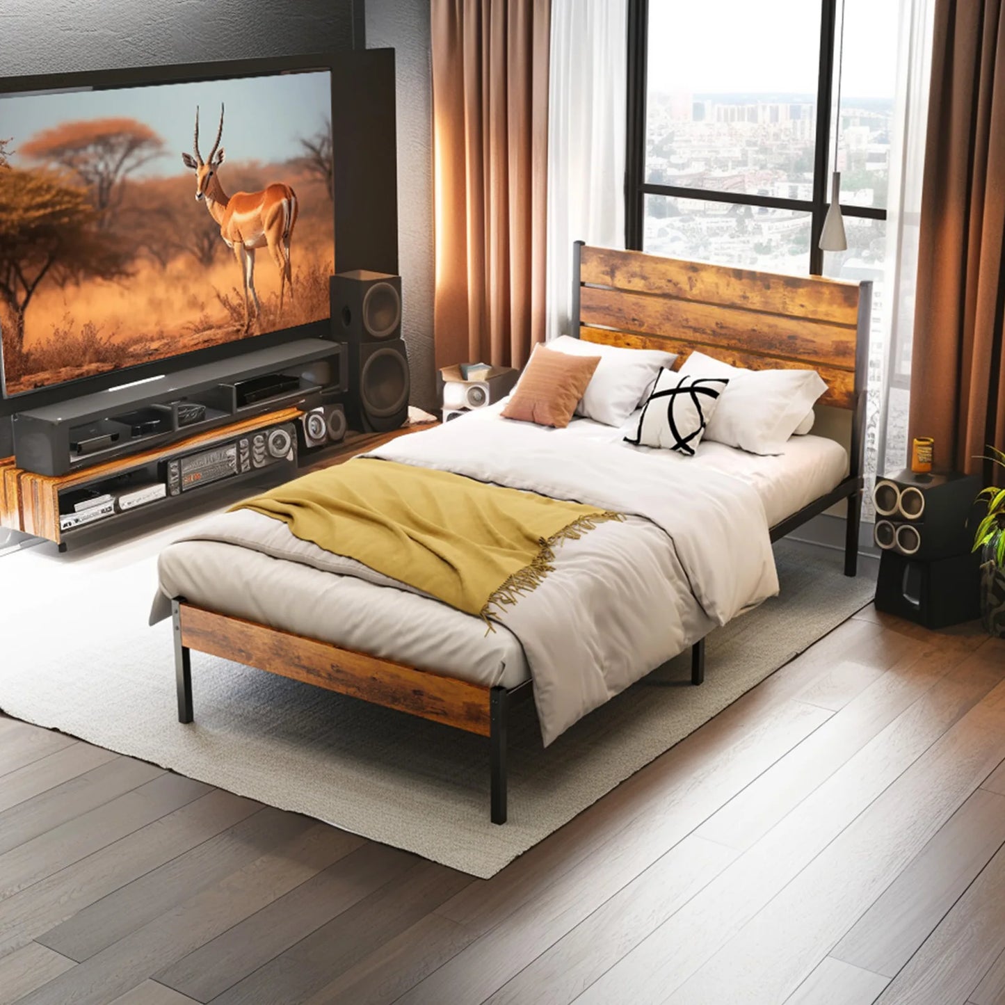 JHK Queen Metal Platform Bed Frame with Headboard & Footboard