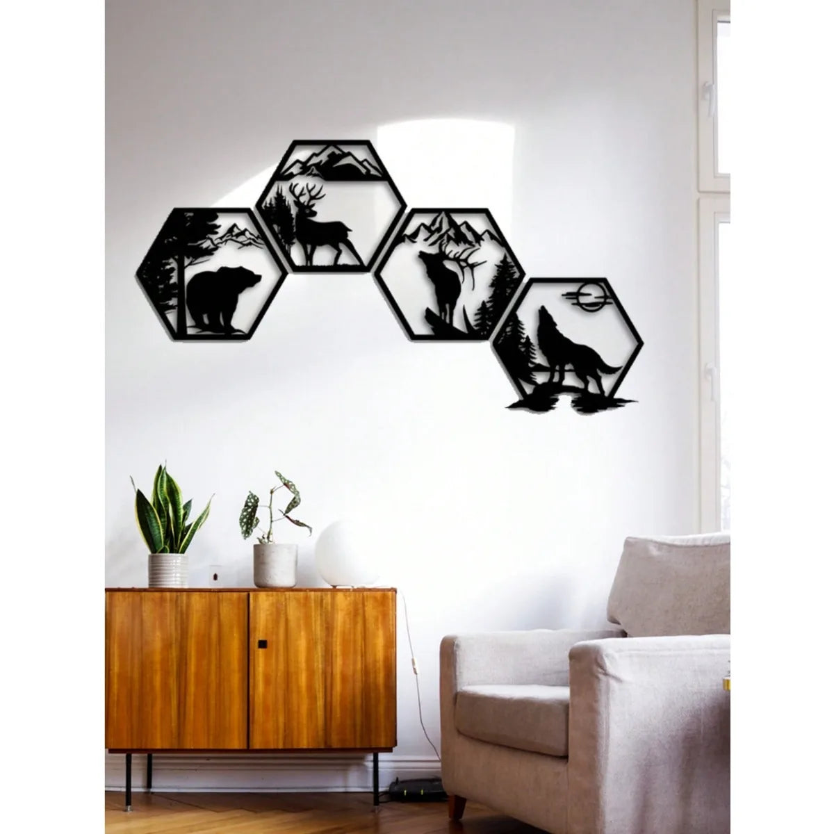 4PC Hexagon Animal Metal Wall Art Set
