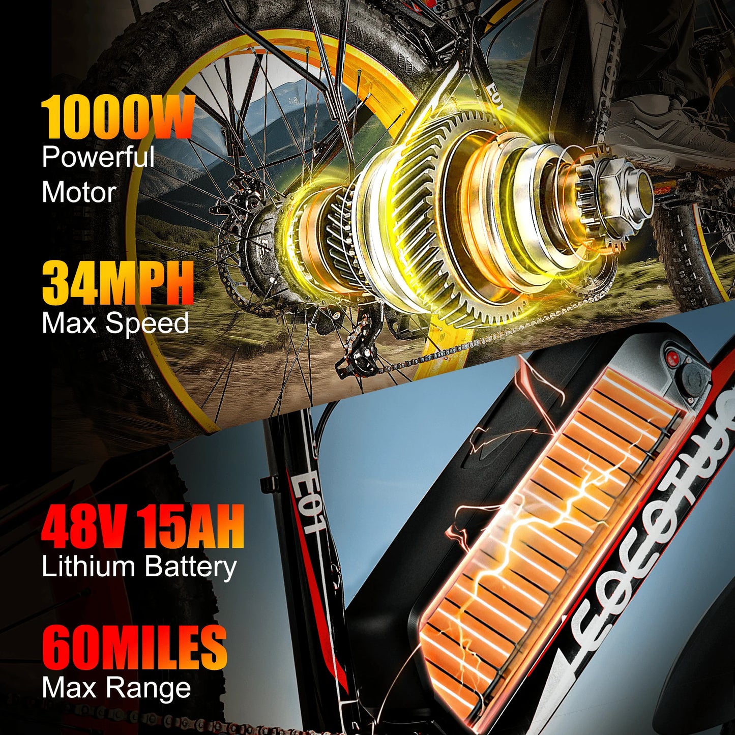 EOEOTWO E01 26" Fat Tire Electric Bike – 1500W Peak, 34MPH, 60-Mile Range, UL2849 Certified