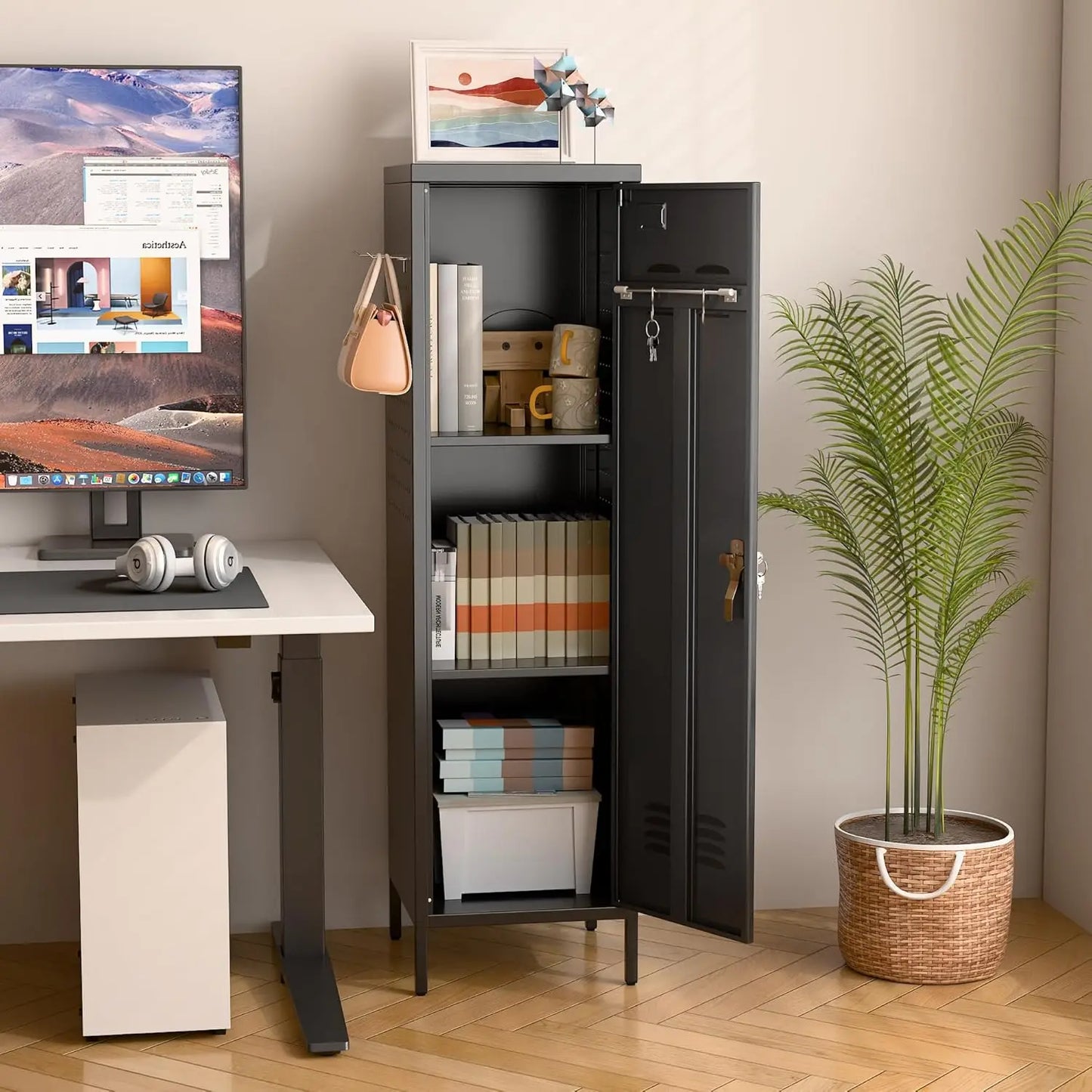 Metal Lockers, Handle, 2 Pegboard & 5 Hooks for Home, Garage