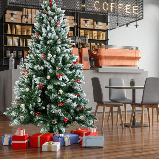 Realistic Green Artificial Christmas Tree – Unlit Pine Tree with Natural Pinecones & Holly Berries