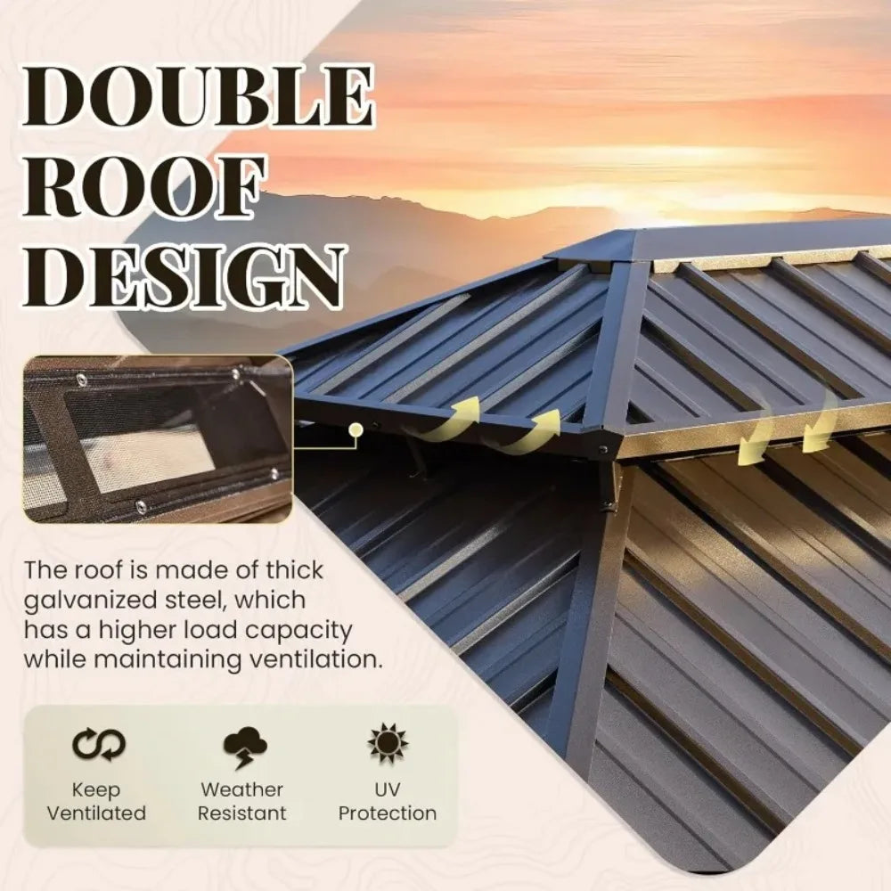 10x12 FT Galvanized Steel Gazebo, Hardtop Pavilion with Netting for Outdoor Parties