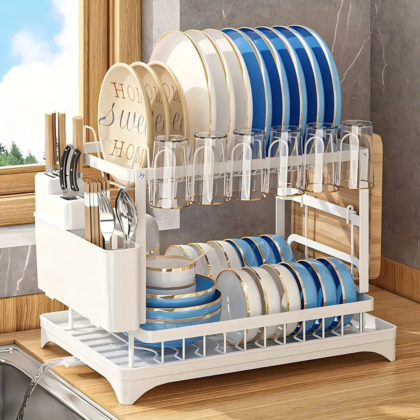 Large Capacity Double-Layer Dish Rack – Bowl & Cup Storage Organizer