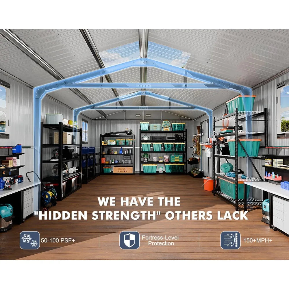 Large Metal Garage Shed – Weatherproof Storage with Skylight