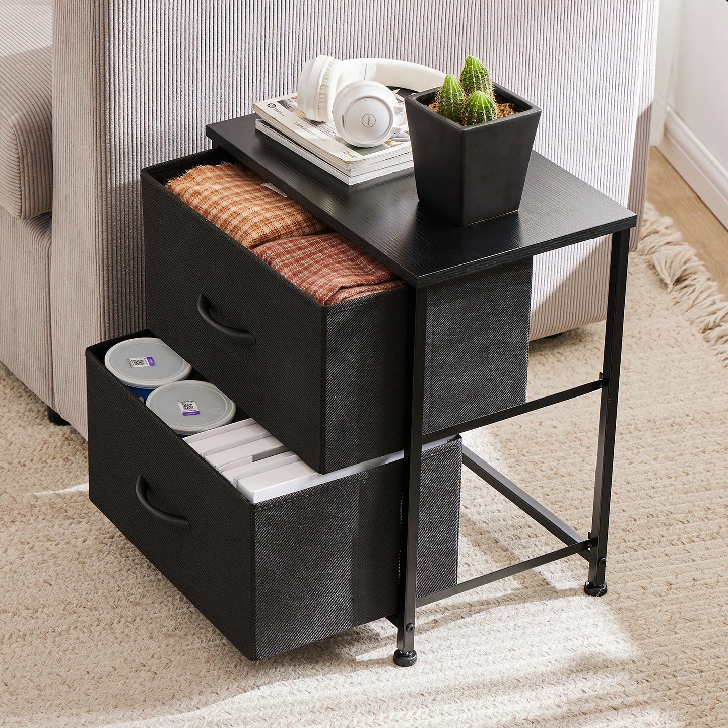 JHK Nightstand with 2 Fabric Drawers – Bedside Storage Cabinet
