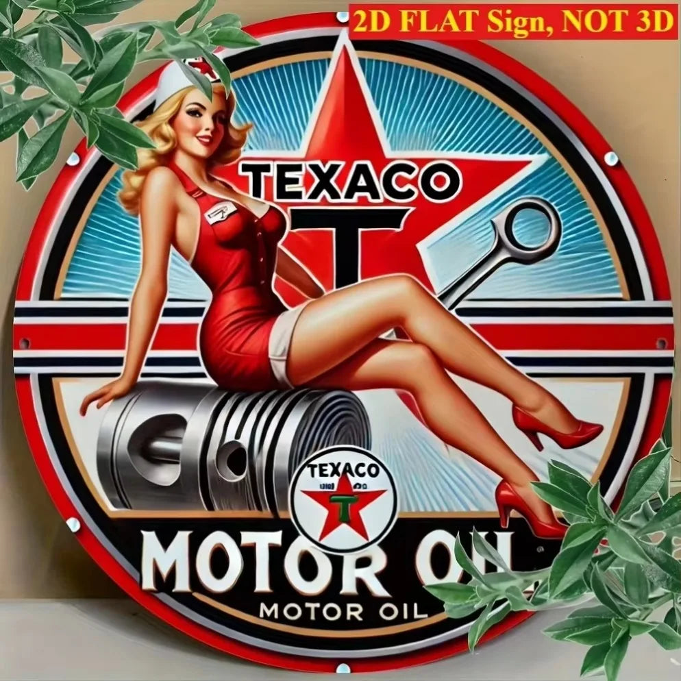 "Vintage Texaco Motor Oil" Round Aluminum Sign – Retro Culture Wall Art