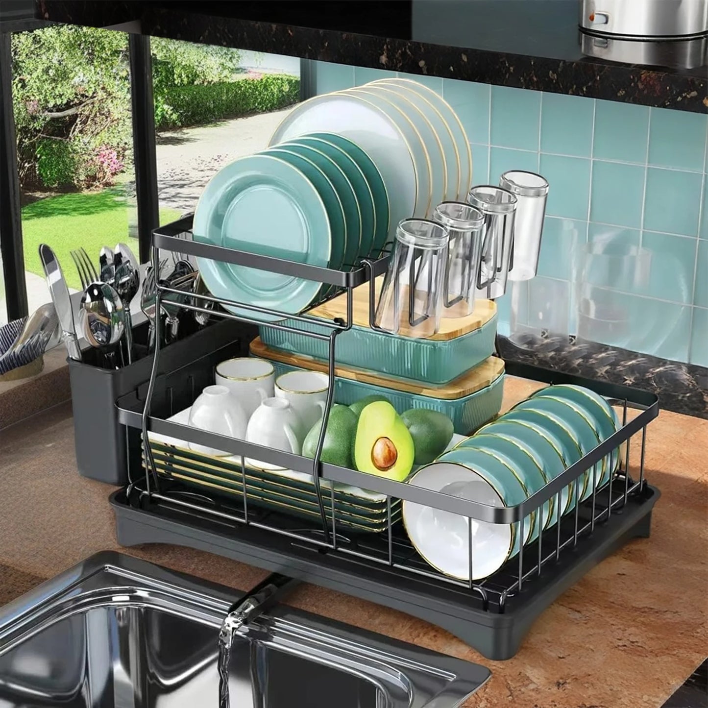 Large-Capacity 2-Tier Dish Drying & Draining Rack – Kitchen Organizer