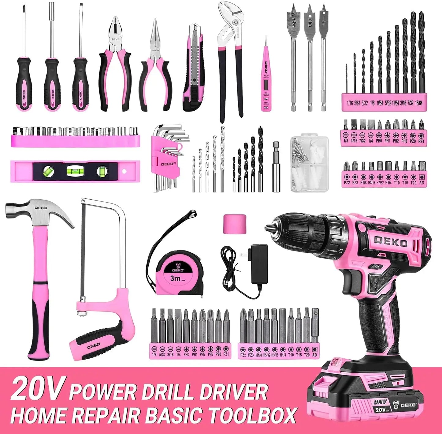 DEKO Pink Drill Tool Kit Set: Cordless Drill Toolbox & Battery