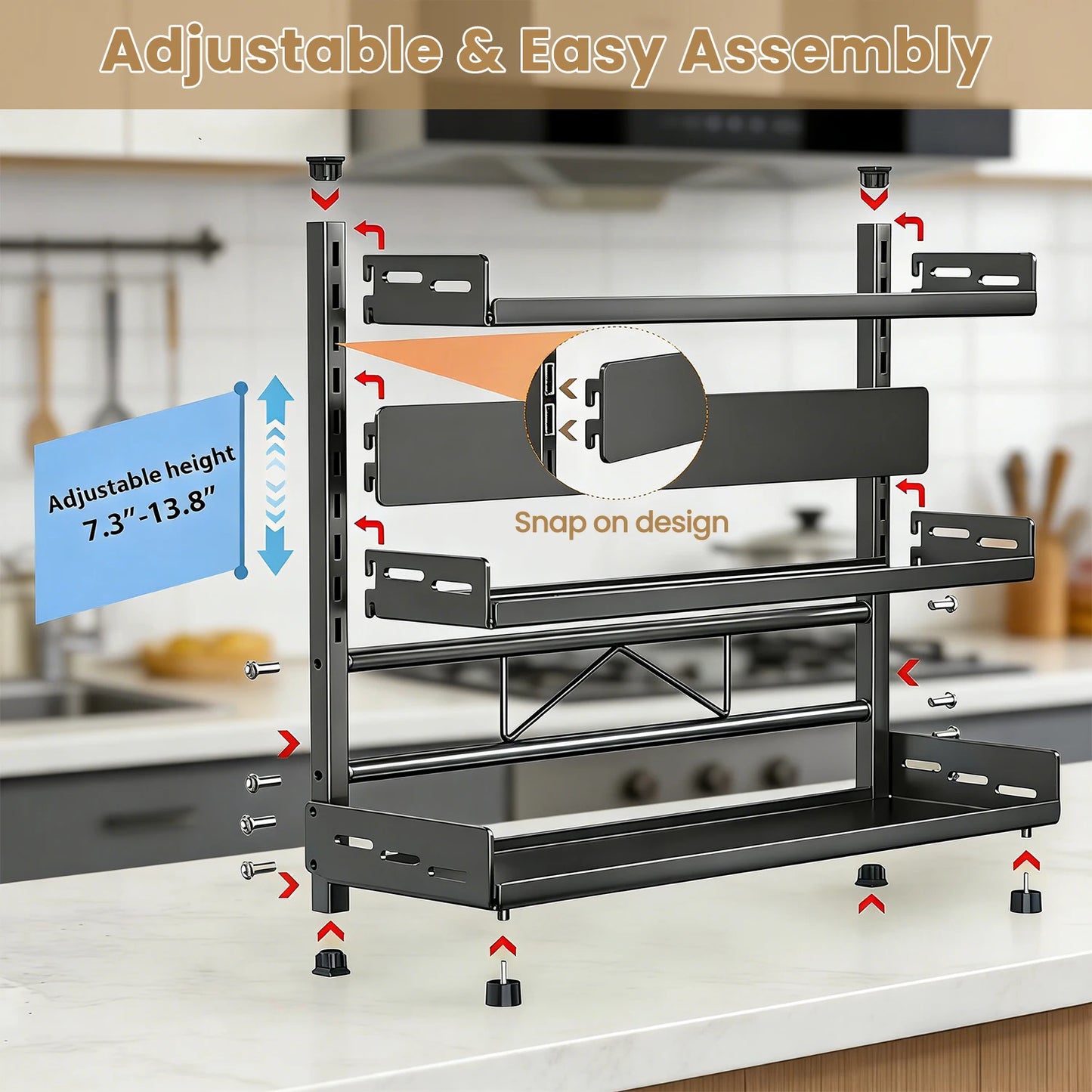 Kitchen Spice Rack – Three-Tier Height-Adjustable Standing Rack, Large-Capacity Rust-Proof Metal