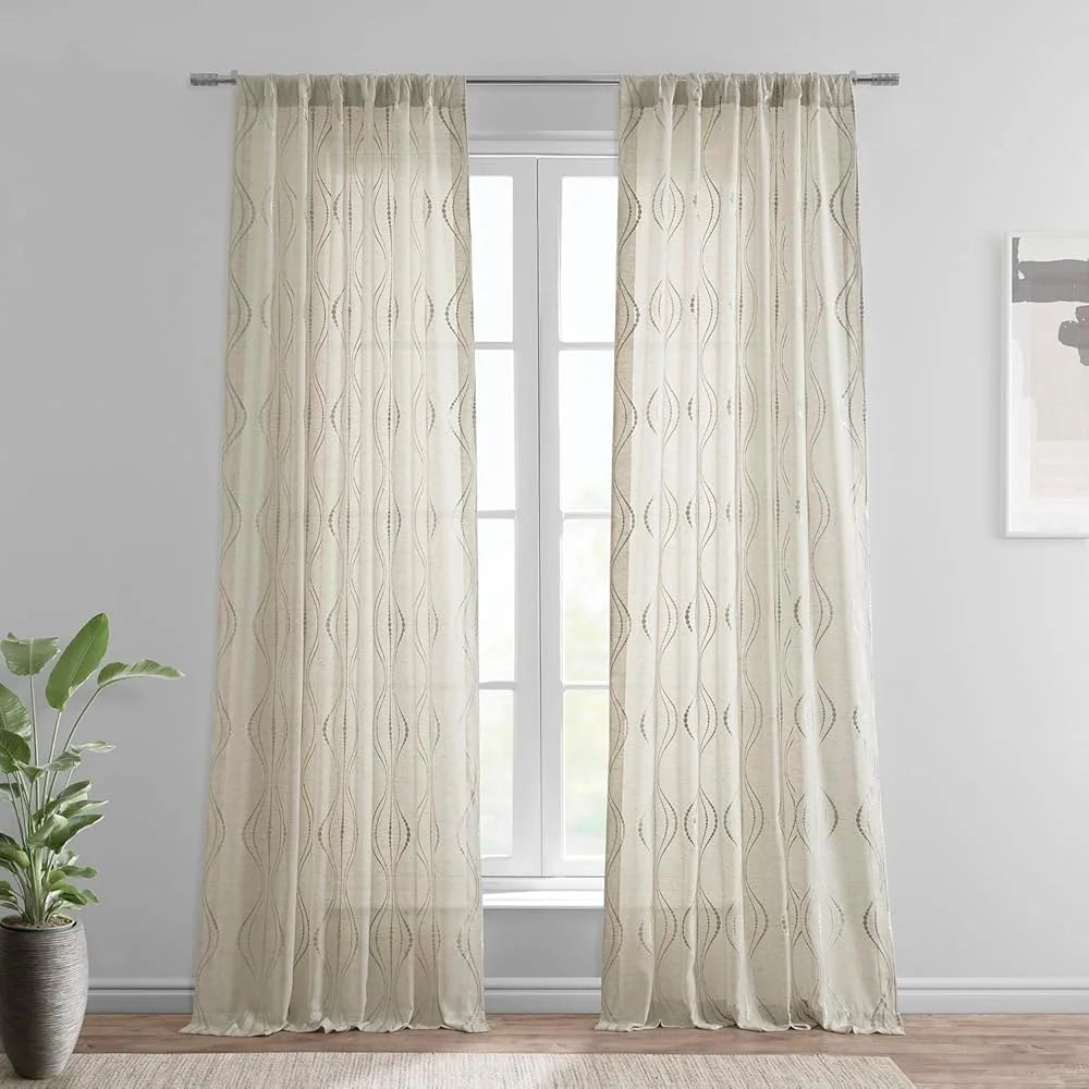 Embroidered Sheer Linen Curtain – Light Filtering Window Treatment