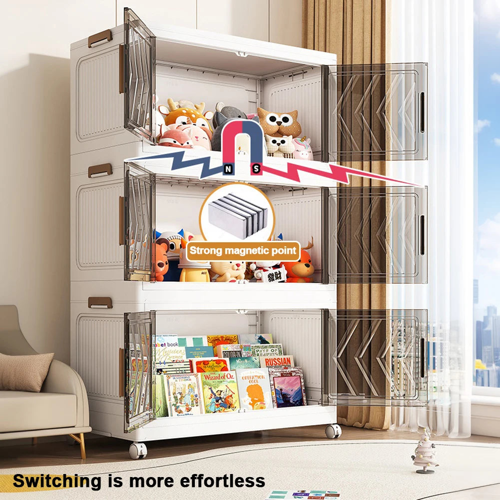 Foldable Plastic Storage Cabinet with Doors & Wheels – Stackable Organizer