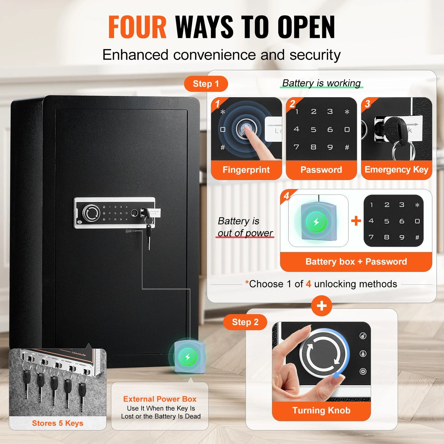 Fingerprint Safe Box – Digital Lock, Fireproof Bag, LED Interior, Dual Door Option