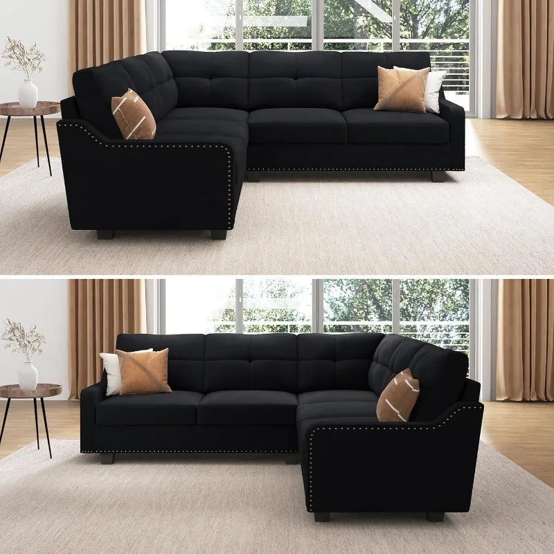 Convertible L-Shaped Sectional Sofa – Velvet Black, Reversible for Small Apartments