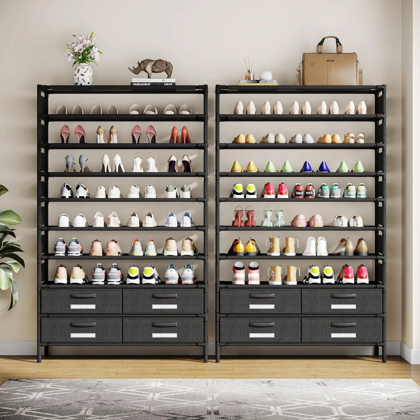 4-Bin Vertical Bookshelf Shoe Rack with Clothes Rack