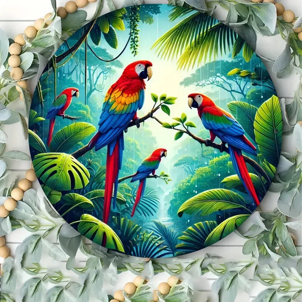 Round Metal Wall Art – Durable Aluminum Jungle Scene, Windproof & Waterproof
