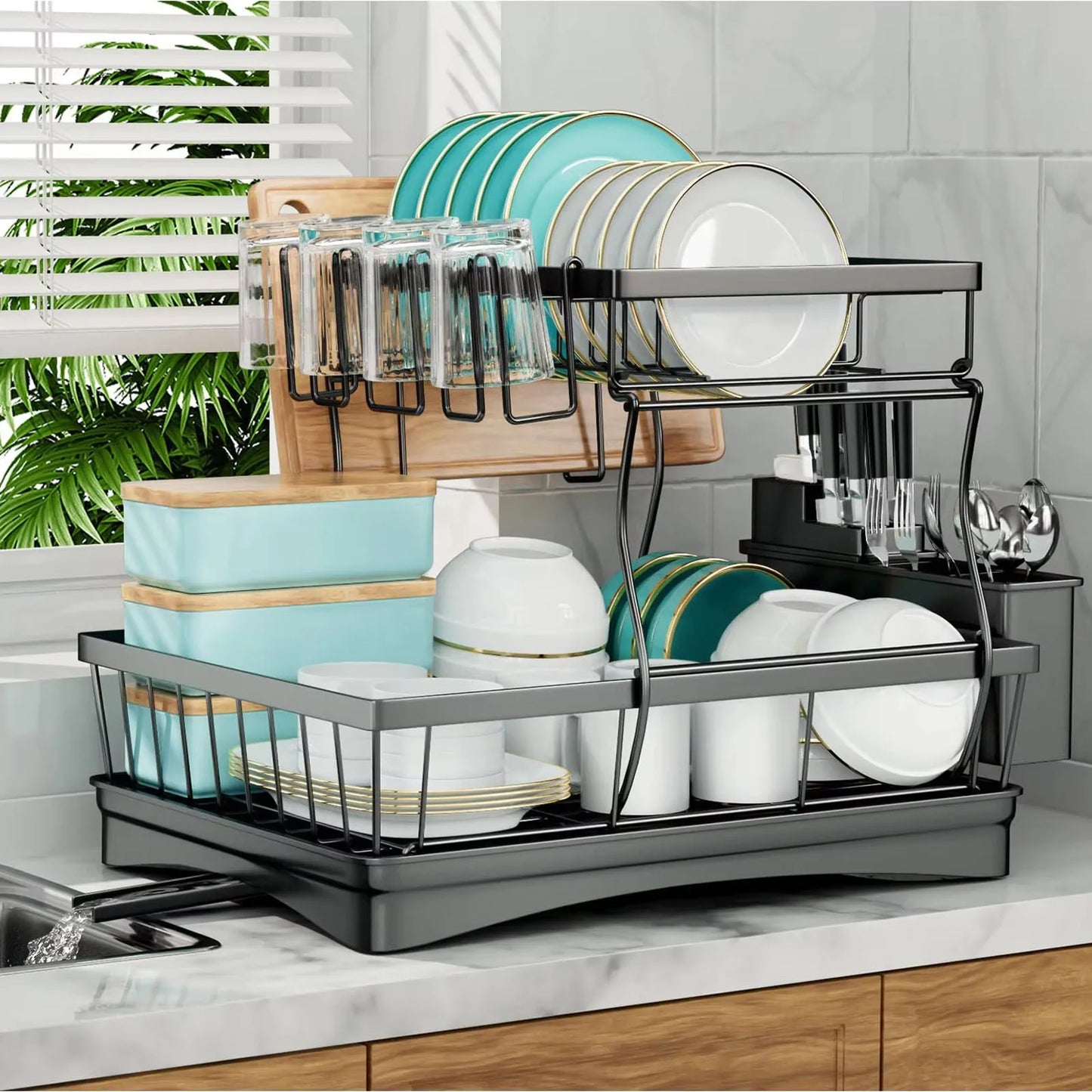 Large-Capacity 2-Tier Dish Drying & Draining Rack – Kitchen Organizer