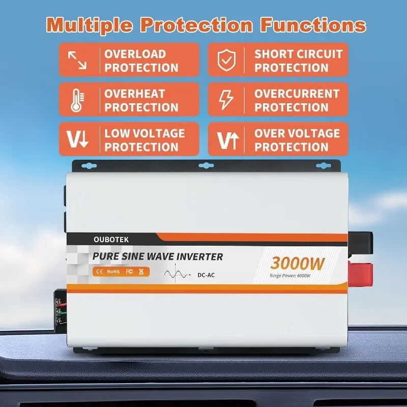3000W Pure Sine Wave Power Inverter – 12V to 120V with LCD Display & Remote