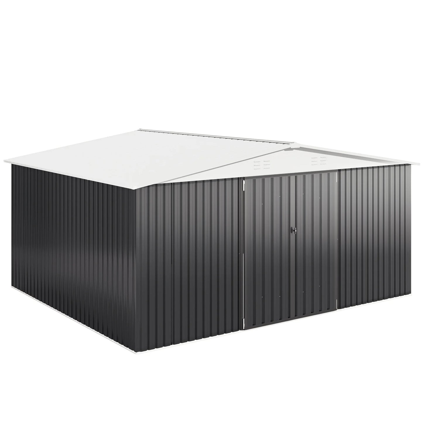 12x14FT Heavy-Duty Galvanized Steel Storage Shed – Lockable Door, White Roof Garden Tool Shed for Backyard & Patio | Easy Assembly