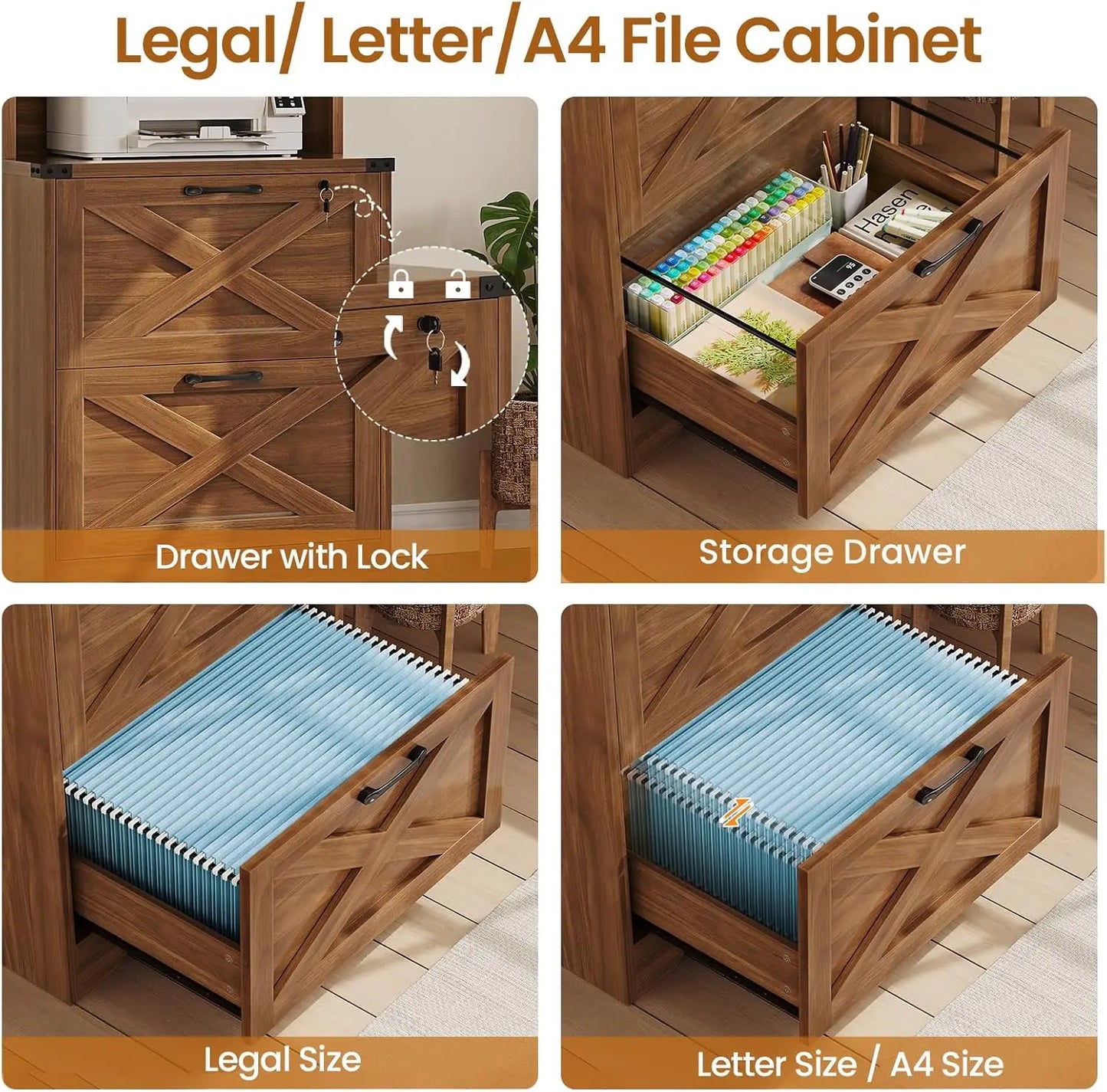 2 Drawer Farmhouse Wood Filing Cabinet Home Office with Adjustable Storage Shelf