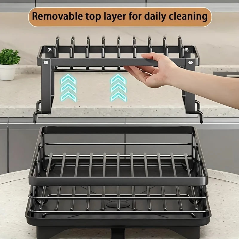 Expandable Double-Tier Dish Rack with Utensil Holder & Draining Tray