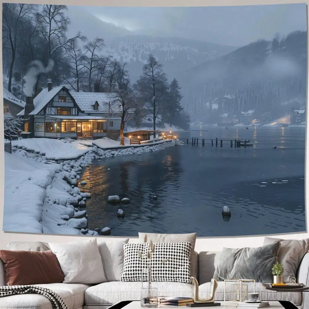 Winter Snow Cabin Lake Cozy Scenic Wall Hanging Tapestry