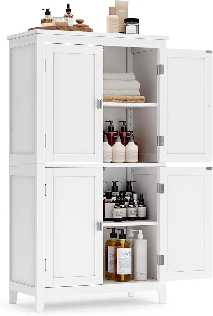 Freestanding Bathroom Storage Cabinet – 4-Door Floor Cabinet with Adjustable Shelves