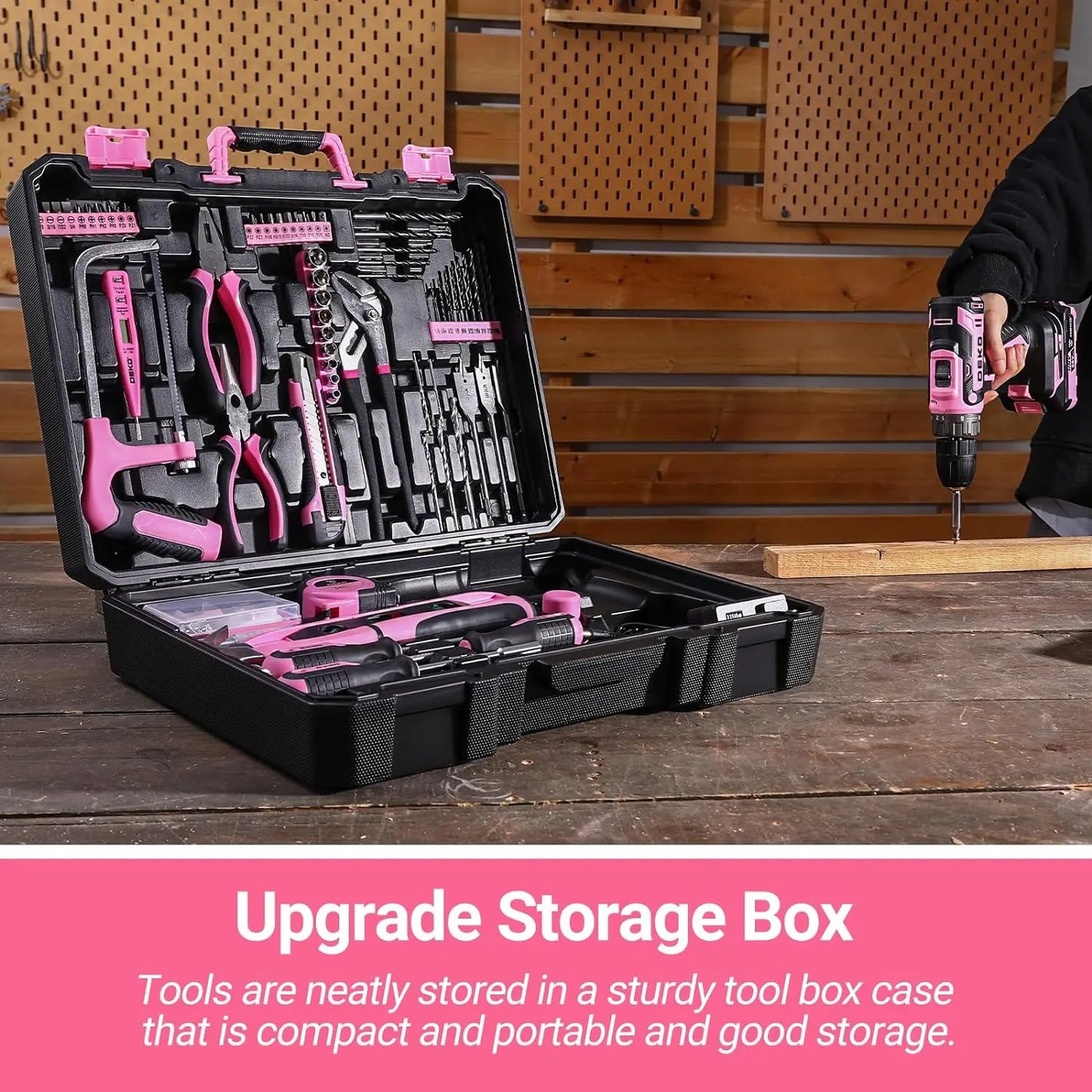 DEKO Pink Drill Tool Kit Set: Cordless Drill Toolbox & Battery