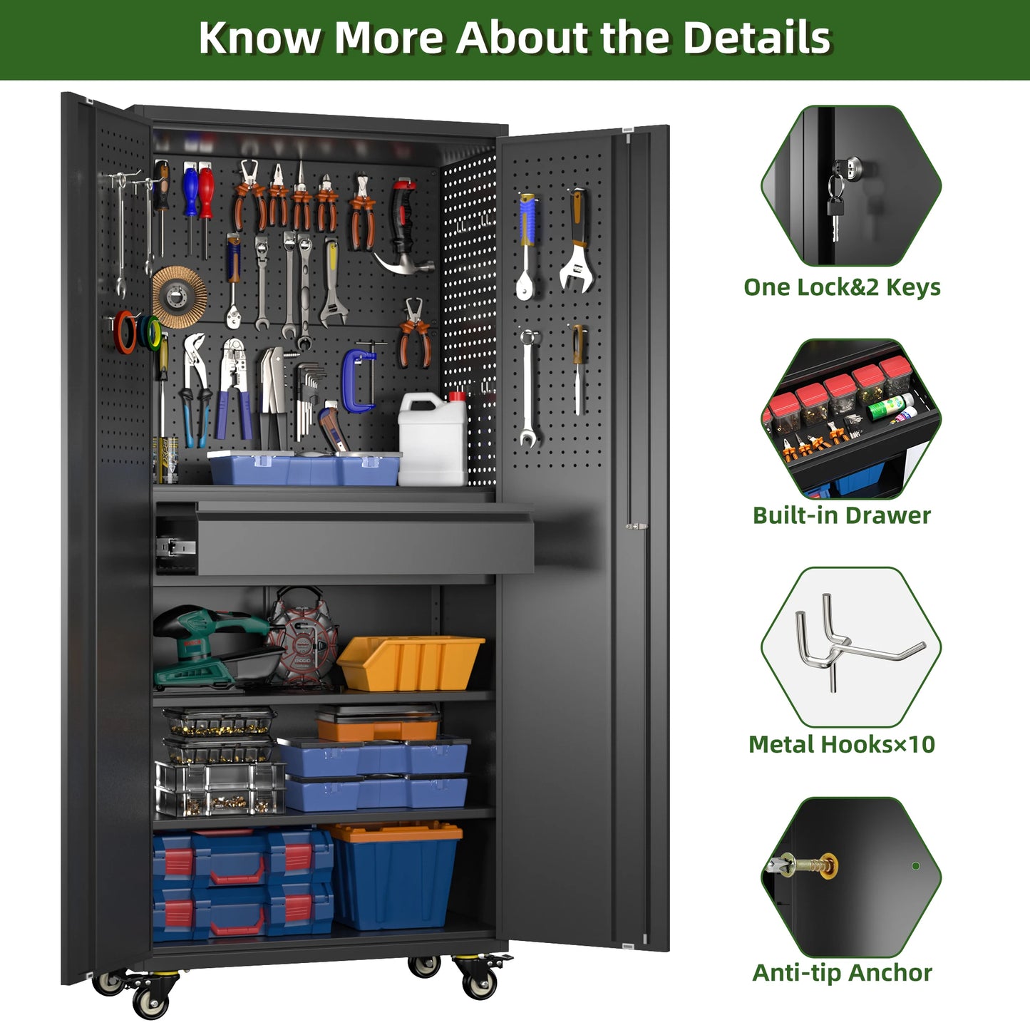 Aobabo 72" Metal Garage Storage Cabinet with Wheels & Adjustable Shelves