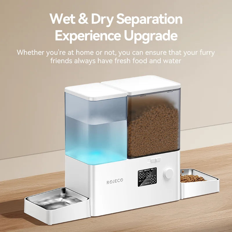 ROJECO Automatic Pet Feeder & Water Fountain Kibble Dispenser with Auto Water Refill