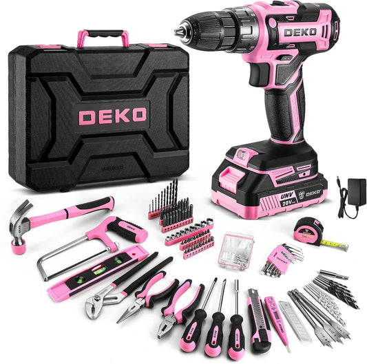 DEKO Pink Drill Tool Kit Set: Cordless Drill Toolbox & Battery