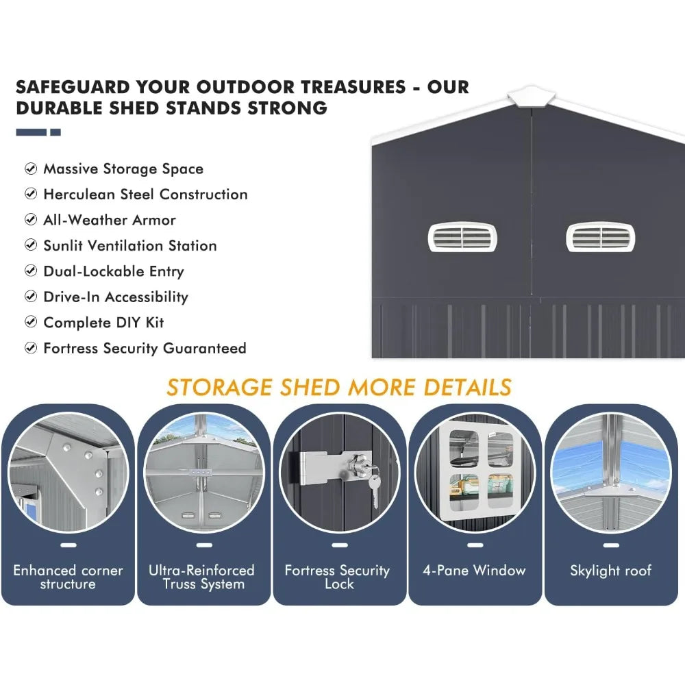 Large Metal Garage Shed – Weatherproof Storage with Skylight