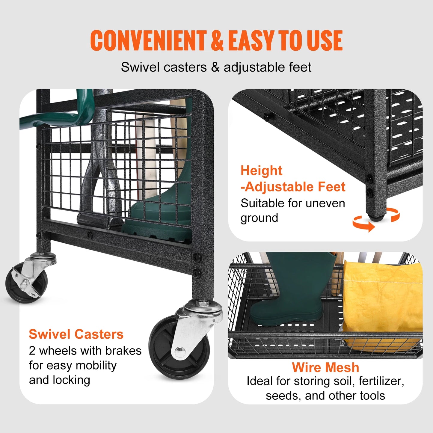 16-Slot Garden Tool Organizer Rack with Wheels & Hooks –
