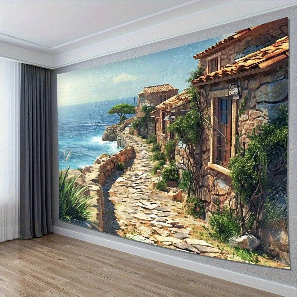 Mediterranean Sea View Tapestry – Coastal Village & Stone House Wall Hanging