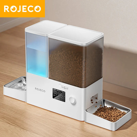 ROJECO Automatic Pet Feeder & Water Fountain Kibble Dispenser with Auto Water Refill