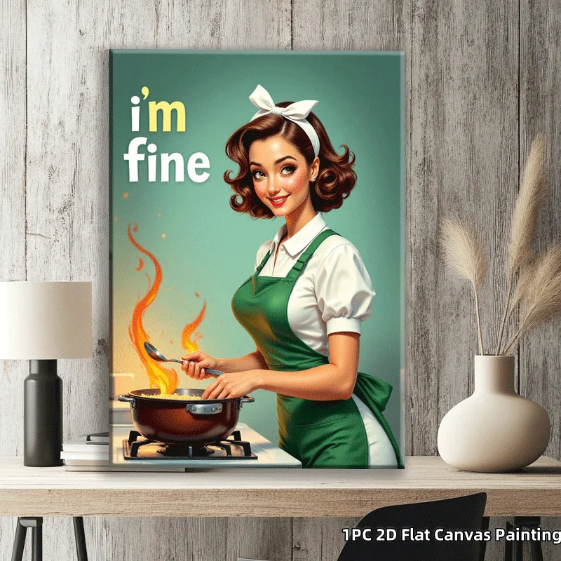 Funny Vintage Style Canvas Painting Cooking Woman Print Humorous