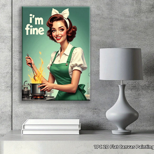 Funny Vintage Style Canvas Painting Cooking Woman Print Humorous