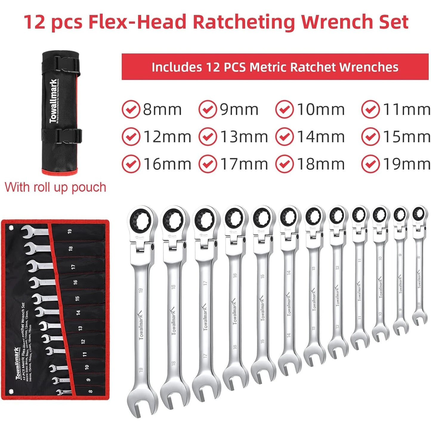 12-Piece Metric Flex-Head Ratcheting Wrench Set with Storage Bag