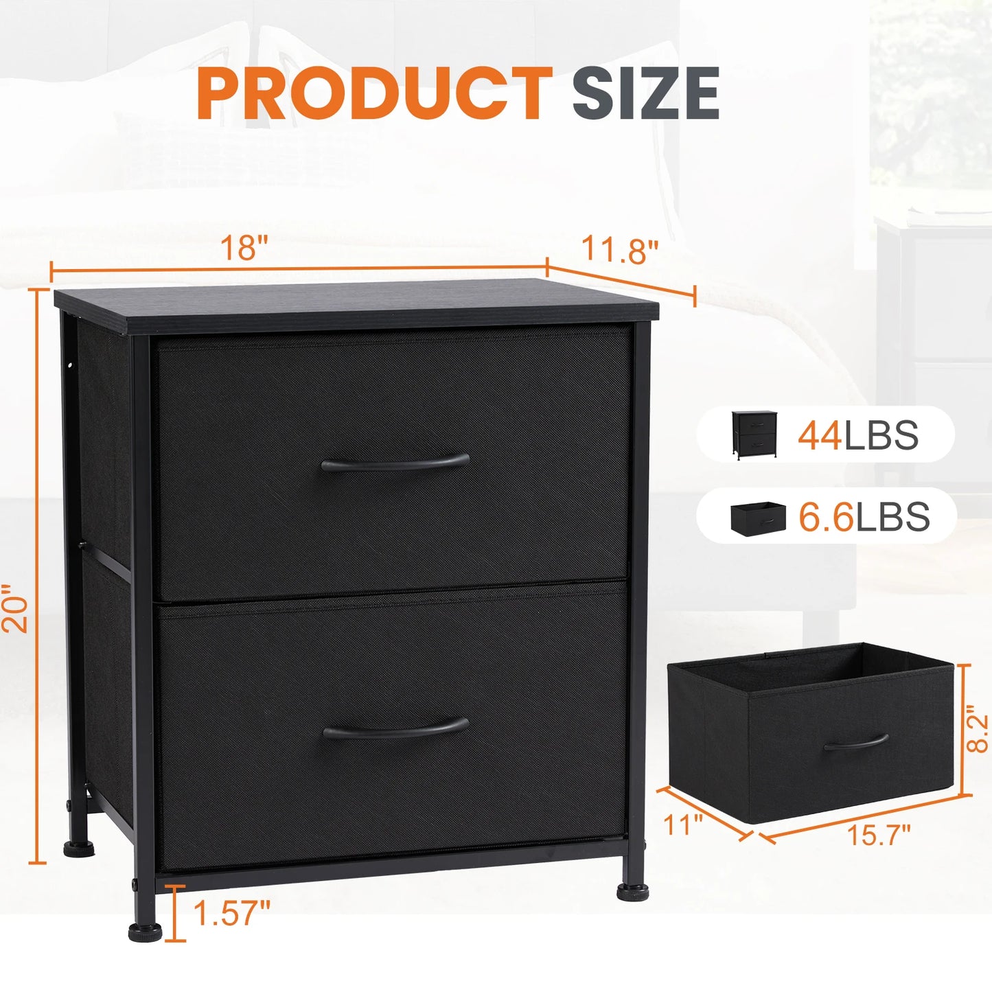 JHK Nightstand with 2 Fabric Drawers – Bedside Storage Cabinet
