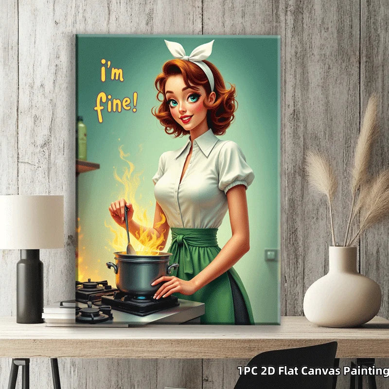 Funny Vintage Style Canvas Painting Cooking Woman Print Humorous