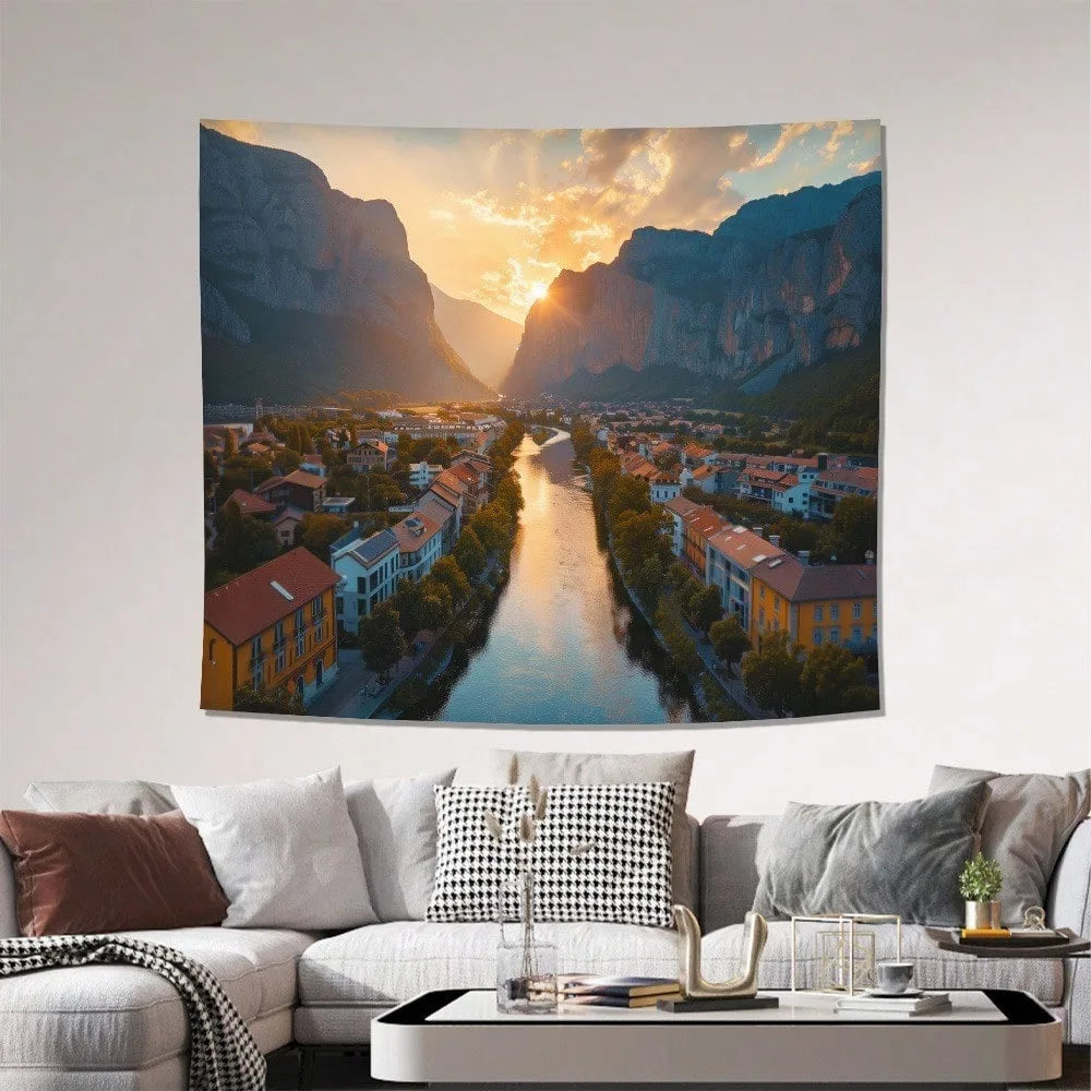 Nature Sunset Mountain River Landscape Wall Hanging Tapestry