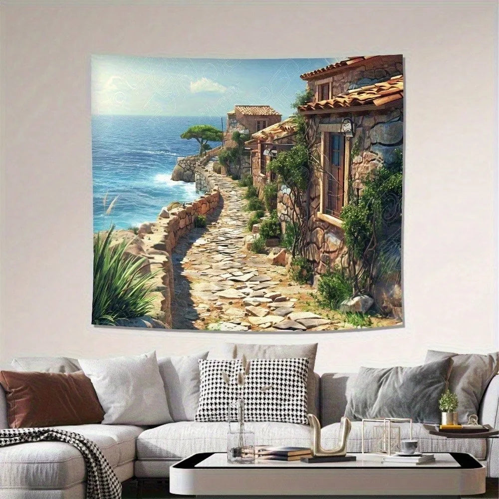 Mediterranean Sea View Tapestry – Coastal Village & Stone House Wall Hanging