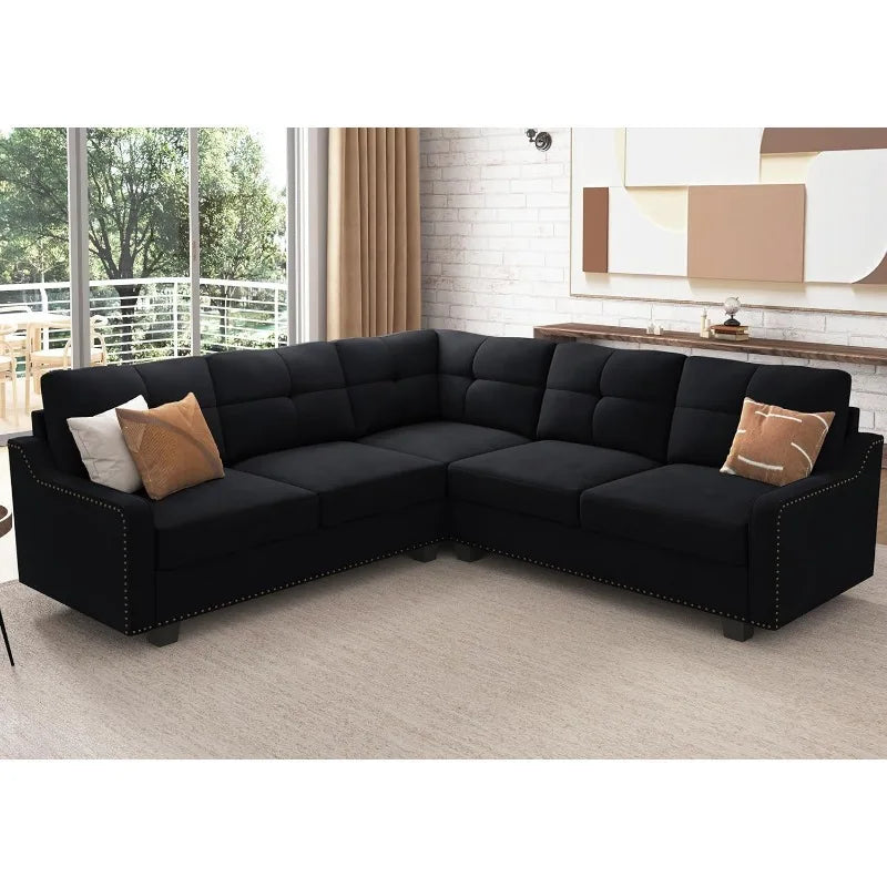 Convertible L-Shaped Sectional Sofa – Velvet Black, Reversible for Small Apartments
