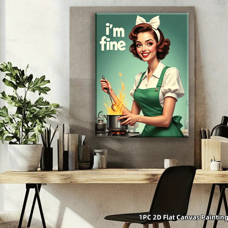 Funny Vintage Style Canvas Painting Cooking Woman Print Humorous