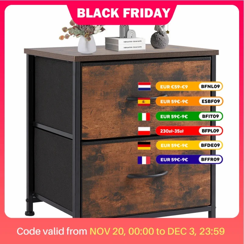 JHK Nightstand with 2 Fabric Drawers – Bedside Storage Cabinet