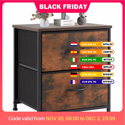 JHK Nightstand with 2 Fabric Drawers – Bedside Storage Cabinet