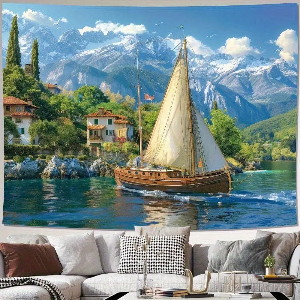 Lake Tapestry Wall Hanging with Sailboat & Mountain Scenery